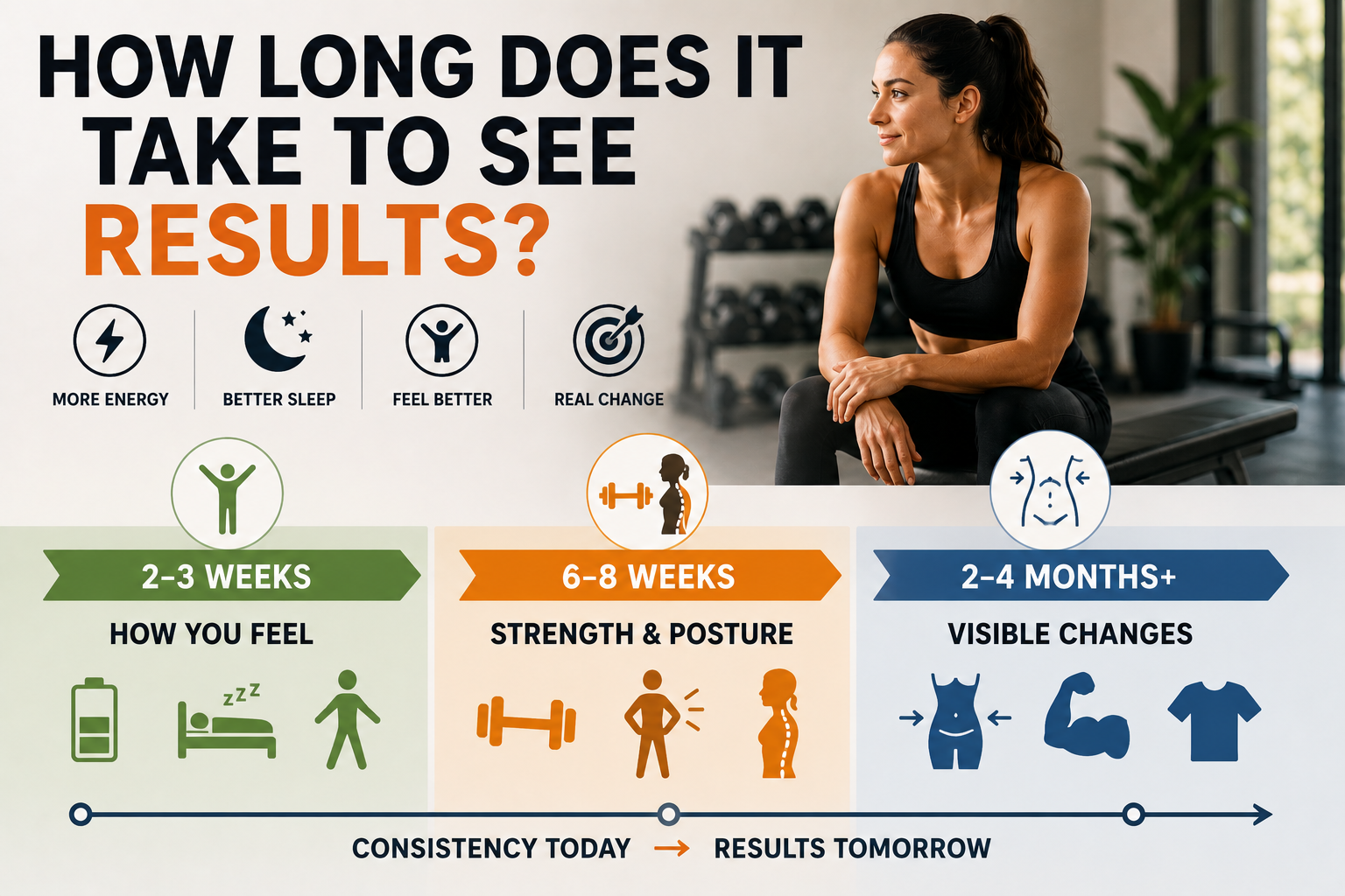 Timeline infographic showing when people typically notice energy, strength and visible body changes from consistent personal training.