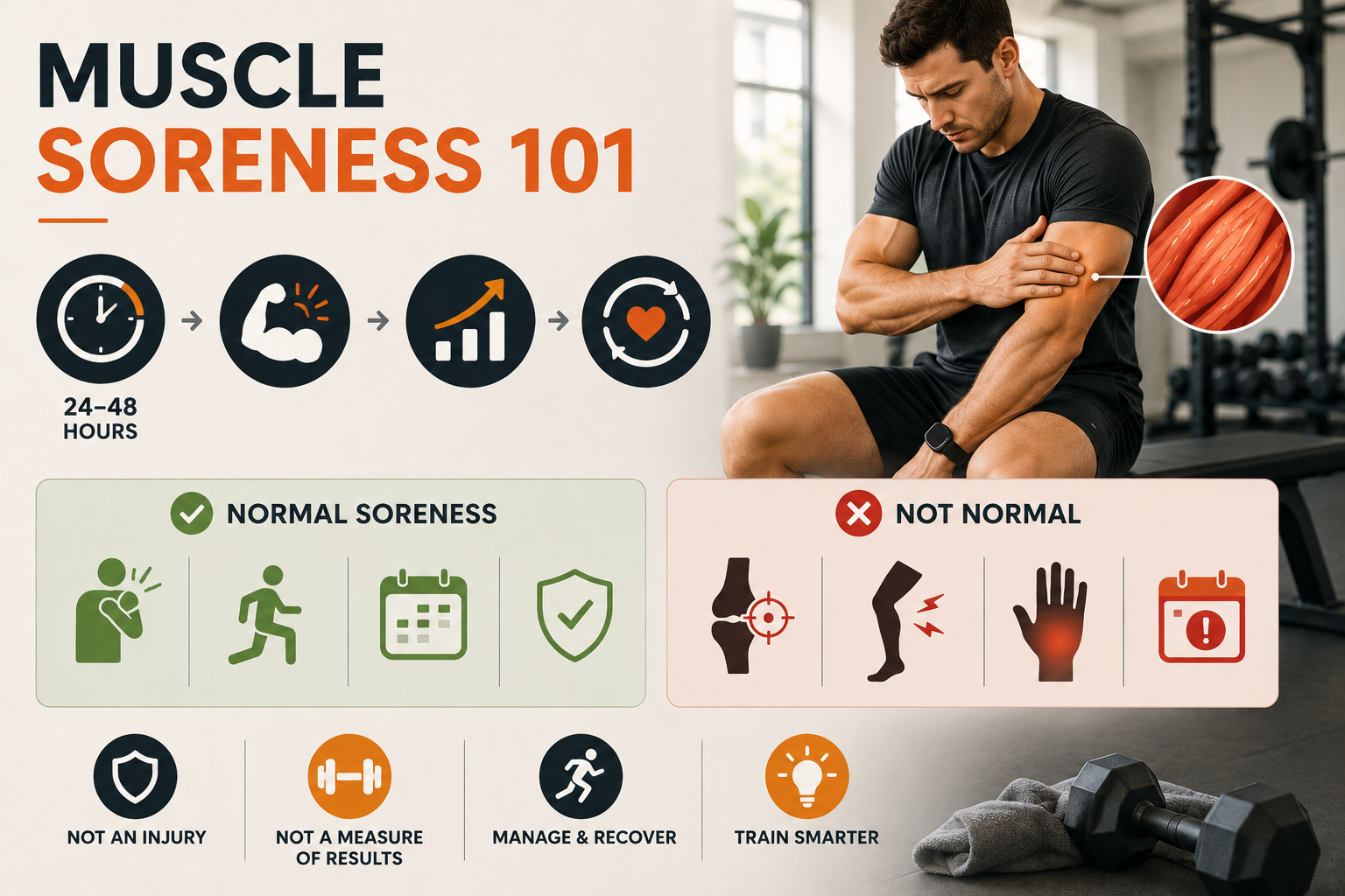 Infographic explaining normal muscle soreness (DOMS) versus signs of injury after strength training.