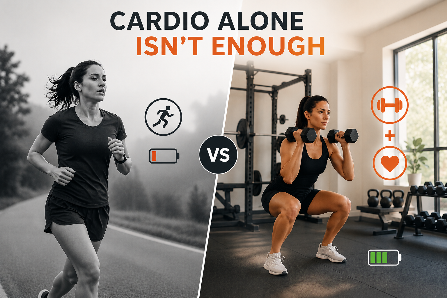 Comparison of cardio-only training versus strength training, illustrating why combining resistance training with cardio leads to better fat loss, muscle preservation and long-term fitness.
