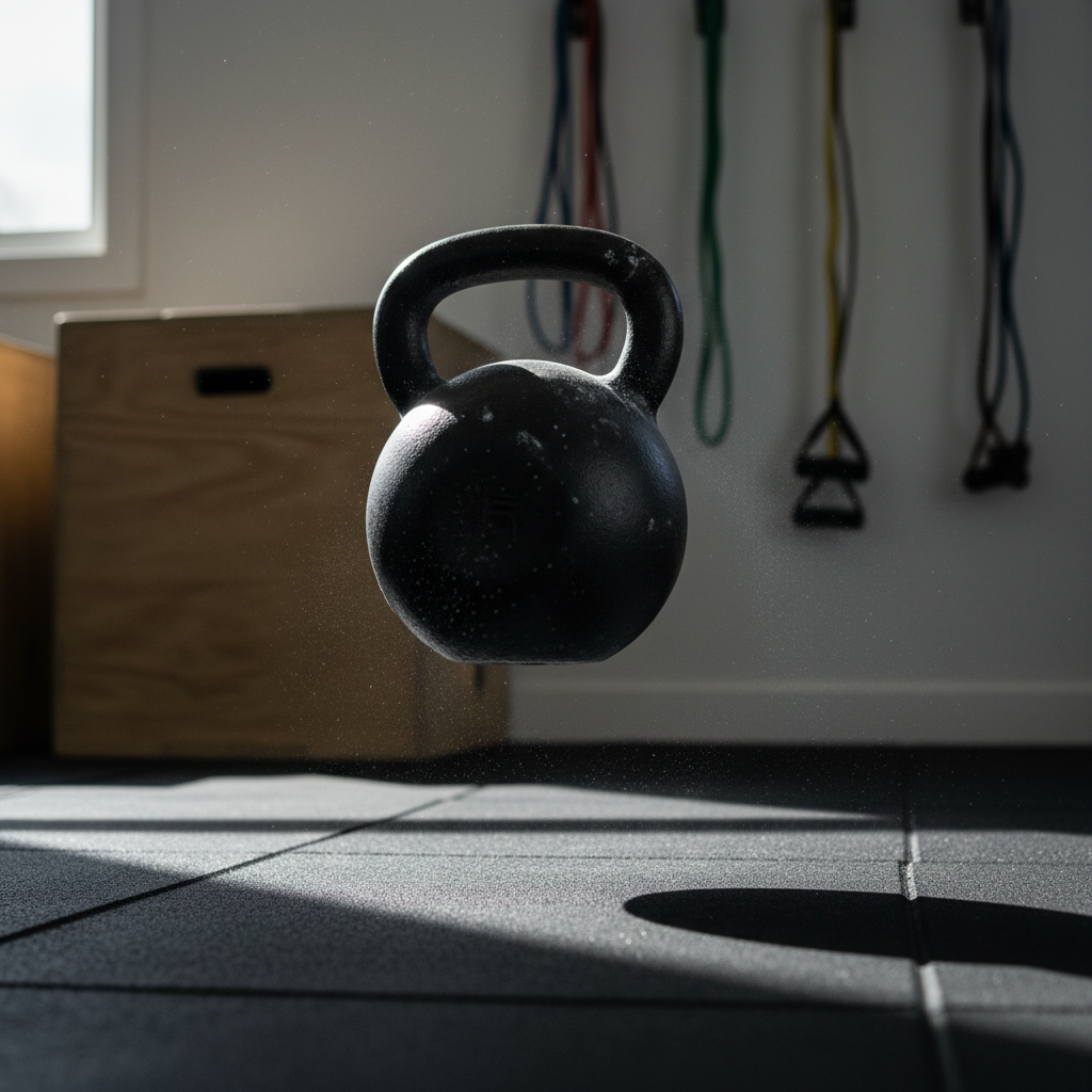 An action-focused, photographic realism still life of a heavy kettlebell mid-swing, captured with slight motion blur on the handle and crisp focus on the matte black bell as it rises in front of a clean, light-gray wall. Chalk dust hangs subtly in the air, illuminated by a strong side beam of natural light from a nearby window, creating dramatic highlights and shadows across the rubber flooring. In the background, out of focus, are neatly stacked plyometric boxes and resistance bands. The low-angle composition and dynamic lighting convey power, precise form, and controlled intensity within a safe, professional home training environment.