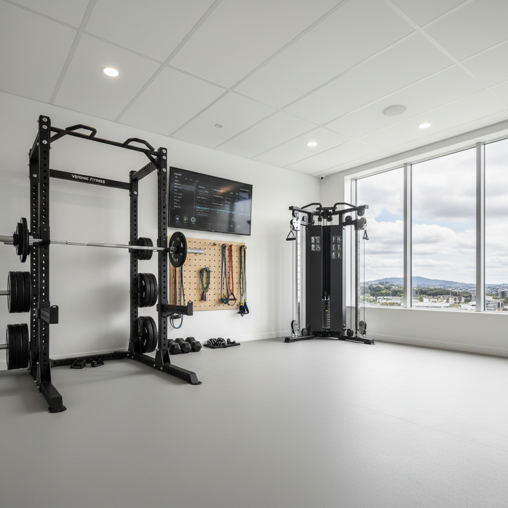 A wide, photographic realism shot of the entire Yiprime Fitness home studio, captured from a corner perspective to showcase the efficient layout. On one side, a power rack with barbell and safety bars; on another, a compact cable machine and organized wall-mounted storage for bands and accessories. A small, wall-mounted screen displays a blurred training dashboard. Natural daylight streams in from a large window, reflecting off a light-colored ceiling and creating an even, bright ambiance. The clean lines, uncluttered floor, and balanced composition with strong depth of field communicate professionalism, safety, and an inviting, private training environment in Auckland.