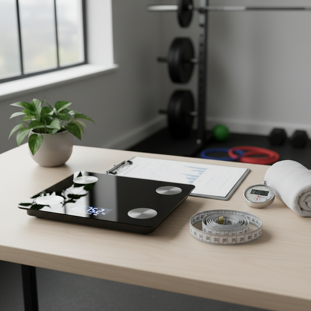 A professional fitness assessment setup in the home studio, with a digital body composition scale, a measuring tape elegantly coiled, and a clipboard with a partially visible, blurred progress chart on a minimalist wooden desk. Nearby, a neatly folded white towel and a stopwatch rest next to a small indoor plant that adds a touch of calm greenery. Soft, diffused overcast light enters from a nearby window, creating a clean, clinical yet welcoming mood. The composition is shot from a slightly elevated angle in photographic realism, with sharp focus on the assessment tools and a subtly blurred background of strength equipment, emphasizing structured, evidence-based personal training.