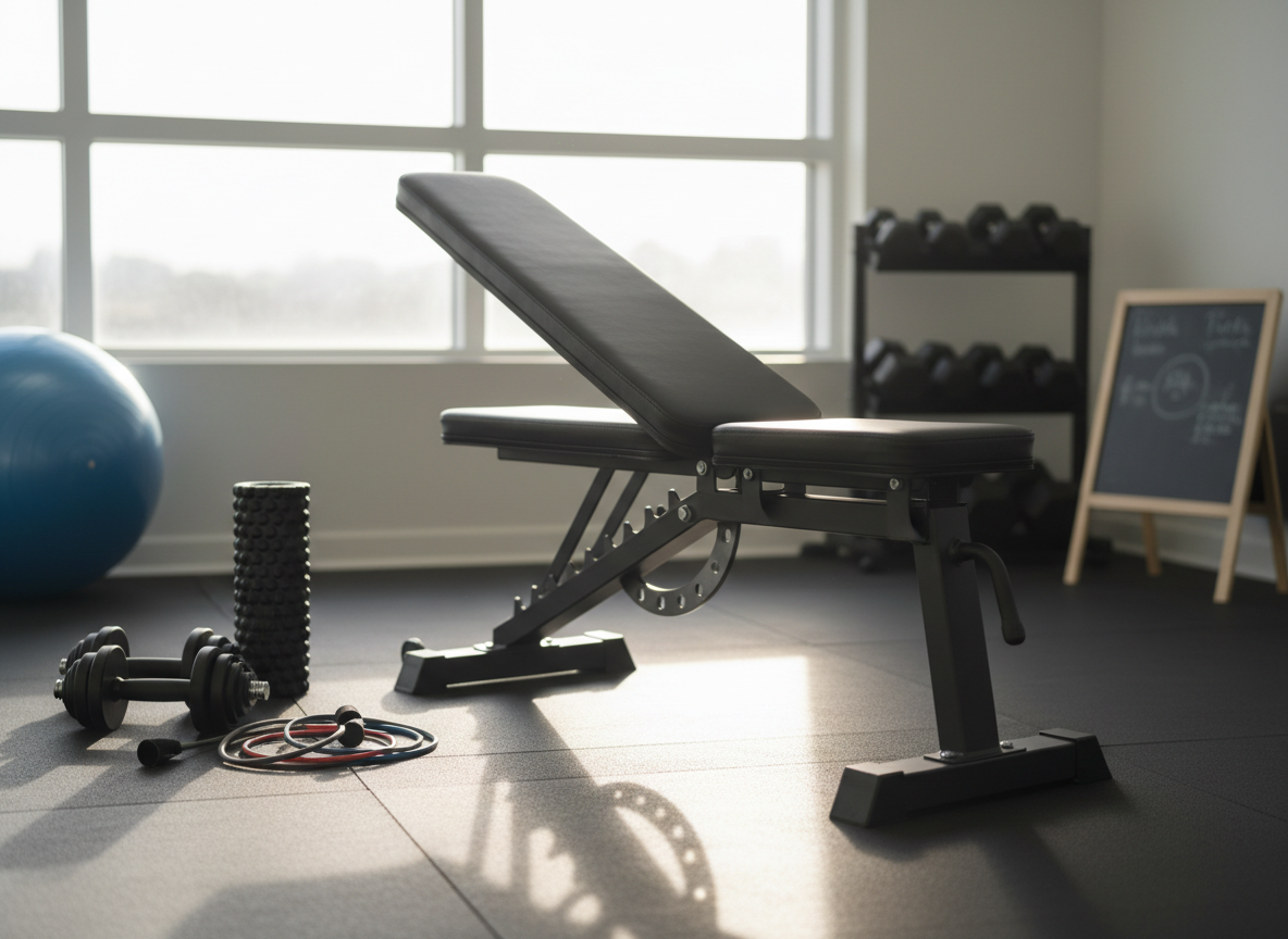 A dynamic photographic scene of a weight bench positioned in the center of a home studio, surrounded by a thoughtfully curated selection of equipment: adjustable dumbbells, resistance bands, a foam roller, and a stability ball, all arranged with precision. The bench is angled slightly toward a large window where soft morning light floods the room, casting gentle, elongated shadows that emphasize texture on the bench’s stitched black upholstery. The background includes a tidy storage rack and a small whiteboard with faint, blurred markings suggesting customized training plans. Captured at a slightly elevated angle with crisp focus, the atmosphere feels energetic yet controlled, reflecting safe, sustainable personal training.