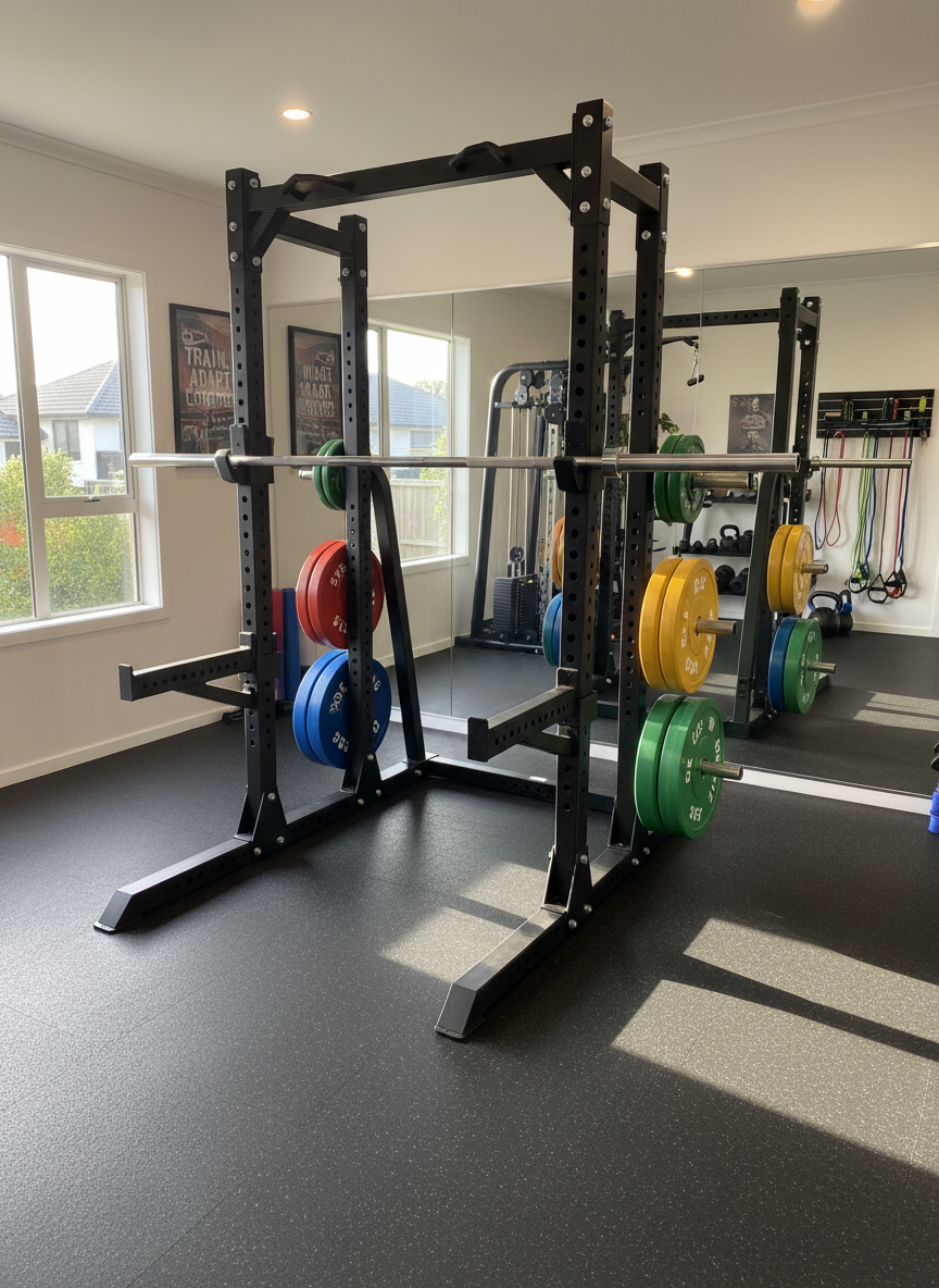 A meticulously organized home-based personal training studio, with a high-quality adjustable squat rack, sleek black rubber flooring, and neatly racked color-coded bumper plates as the main focus. In the background, a mirrored wall reflects a compact yet professional space with a cable machine, kettlebells, and resistance bands hung in perfect order. Soft afternoon natural light streams through a large side window, creating clean highlights on metal surfaces and subtle shadows on the floor. Photographic realism with an eye-level composition and moderate depth of field, conveying a professional, safe, and welcoming environment ideal for one-on-one sessions in suburban Auckland.