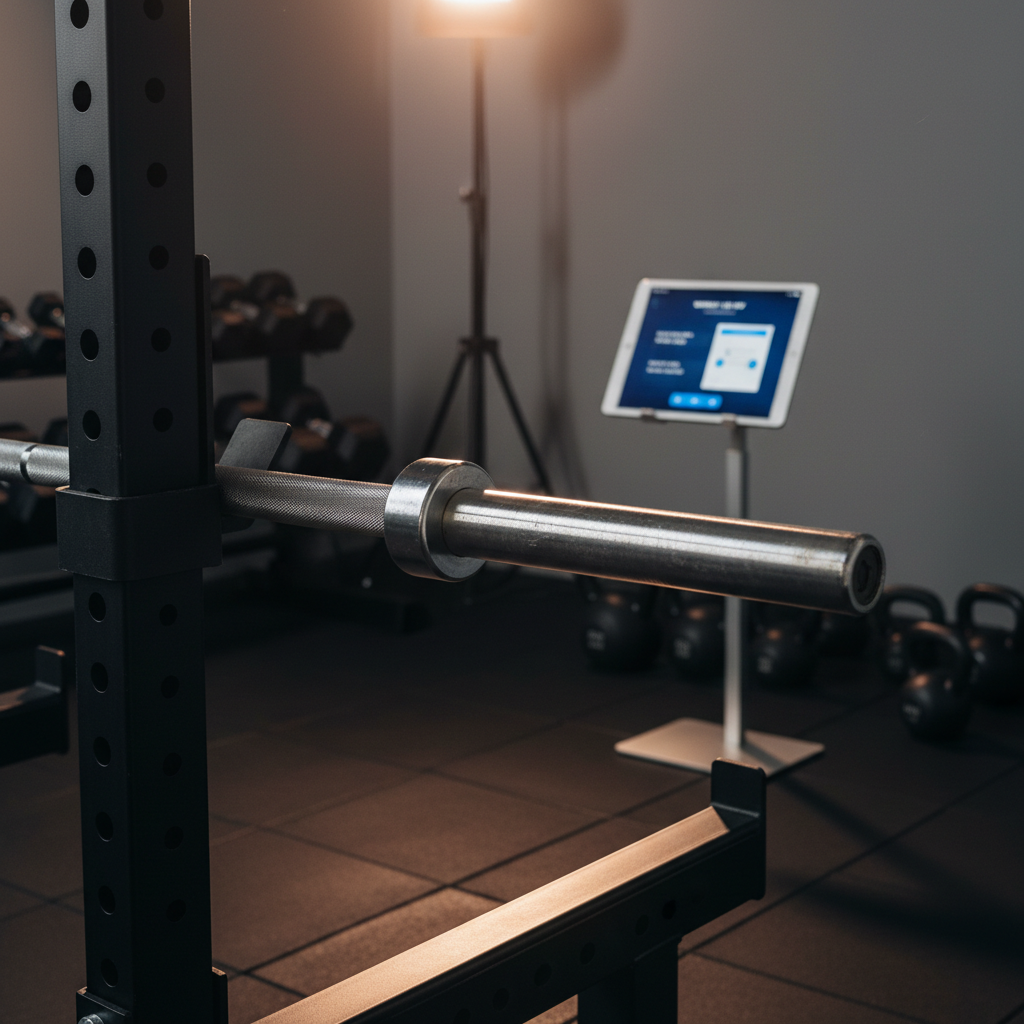 A close-up, photographic realism shot of a well-used Olympic barbell resting on a sturdy squat rack, the knurling texture sharply defined and chrome sleeves catching soft studio lighting from above. Behind it, slightly blurred, a digital tablet on a minimalist stand displays a detailed training program interface, hinting at structured coaching and tracking. The home studio setting features dark rubber flooring and a neatly stacked set of dumbbells and kettlebells along one wall. The mood is focused and professional, with a shallow depth of field and rule-of-thirds composition drawing attention to the equipment as a symbol of safe, effective strength training guidance.