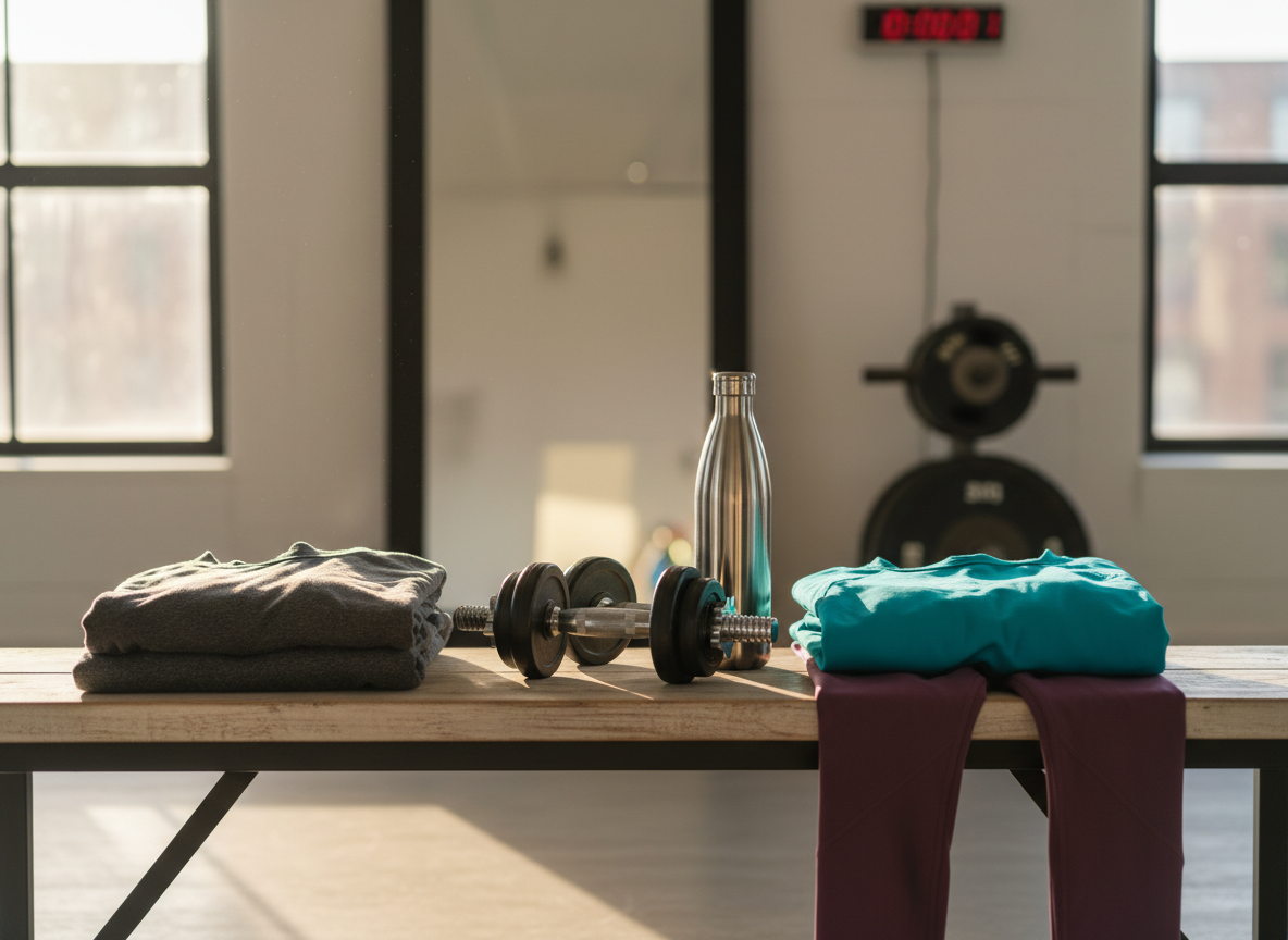 A transformation-themed photographic realism image showing two neatly folded sets of workout clothing on a wooden bench in the home studio: one set slightly worn and loose-fitting, the other newer, more fitted, and vibrant in color. Between them sits a pair of adjustable dumbbells and a stainless steel water bottle, symbolizing the journey of consistent training. Behind, the studio space features a full-length mirror, a tidy rack of plates, and a timer on the wall, all softly blurred. Warm, diffused golden-hour light from a side window creates a hopeful, motivating mood. Shot at eye level with shallow depth of field, emphasizing progress and sustainable change without depicting people.
